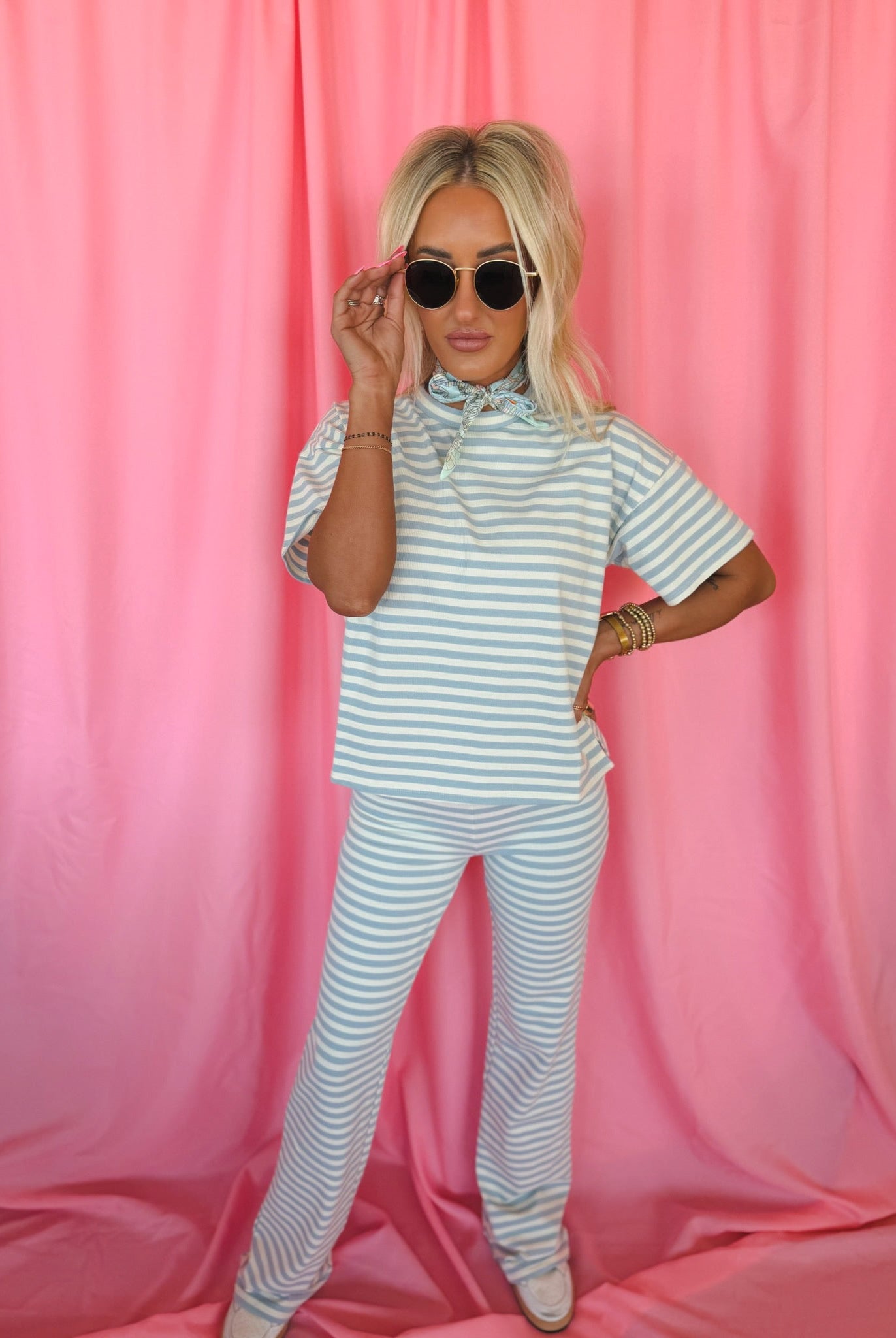 Things Between Light Blue & White Striped Tee and Flared Pant Set - Tops