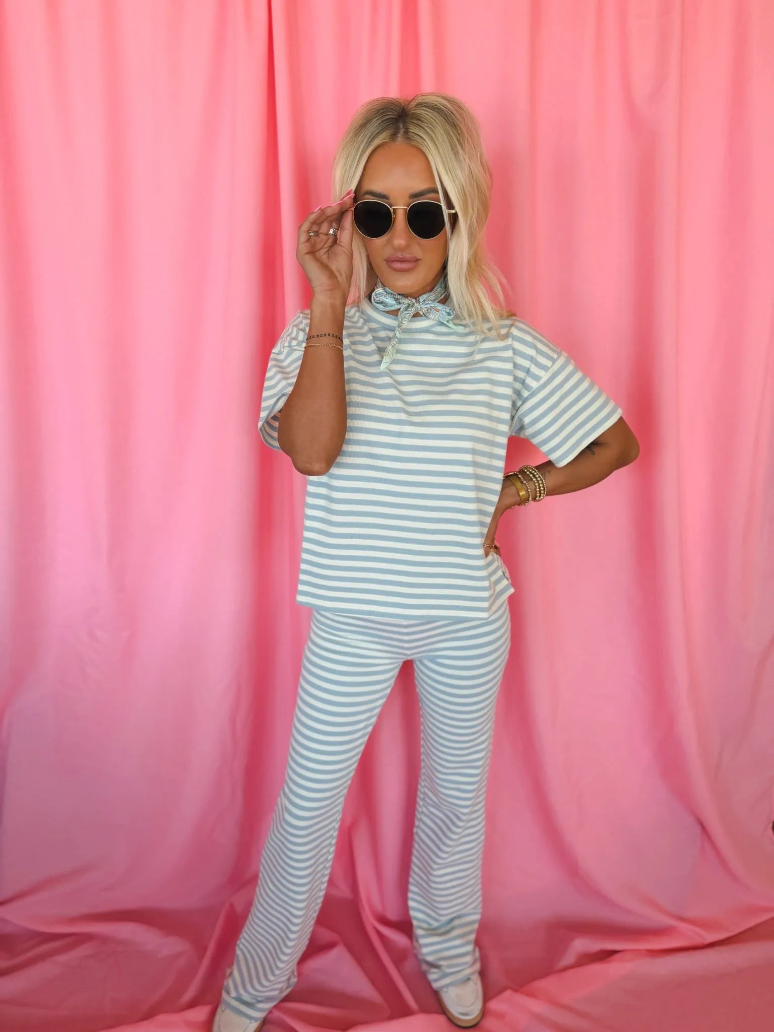 Things Between Light Blue & White Striped Tee and Flared Pant Set