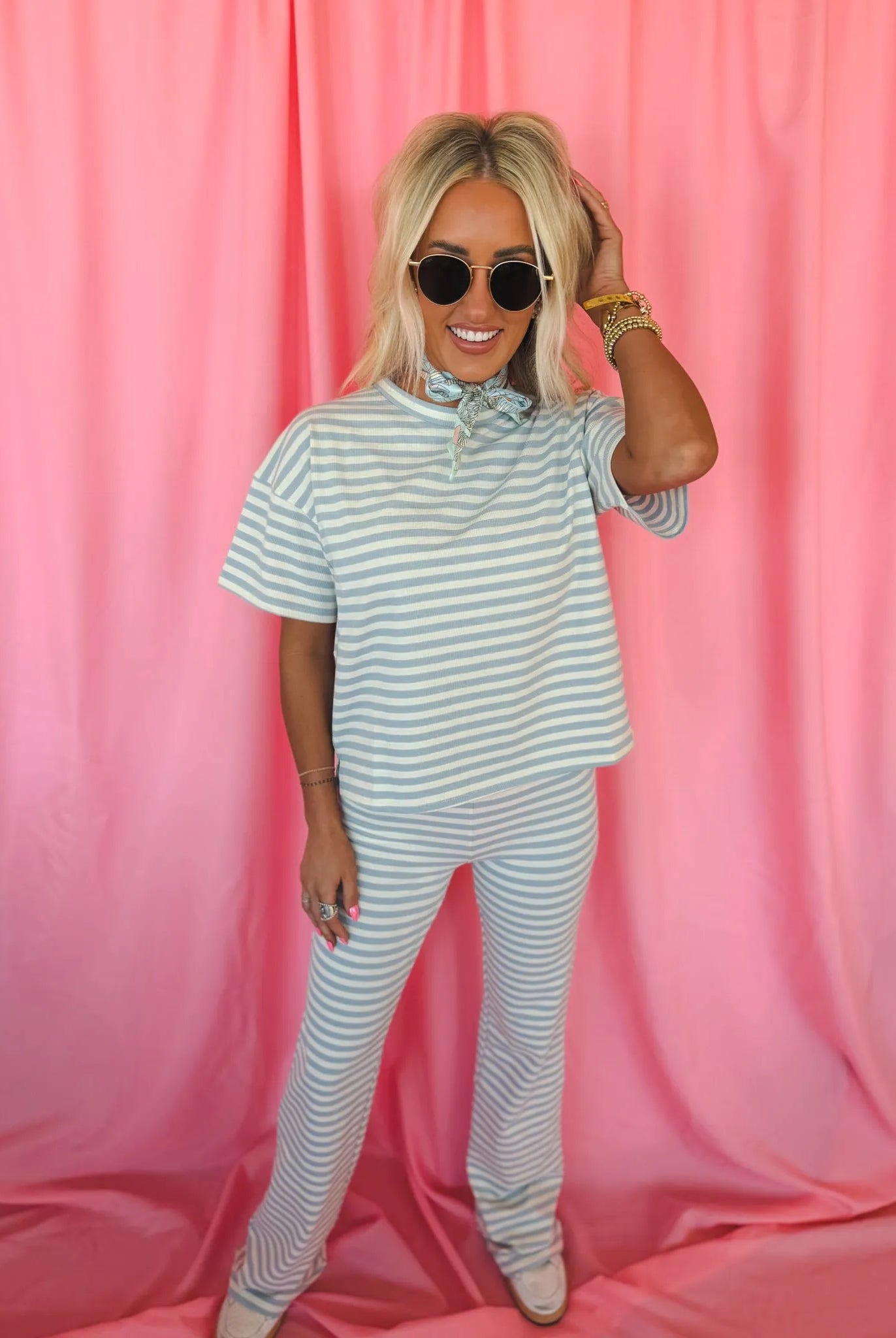 Things Between Light Blue & White Striped Tee and Flared Pant Set