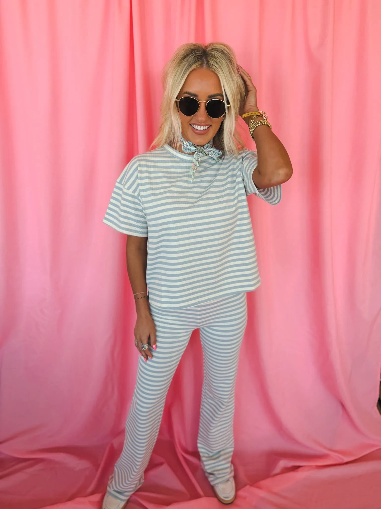 Things Between Light Blue & White Striped Tee and Flared Pant Set