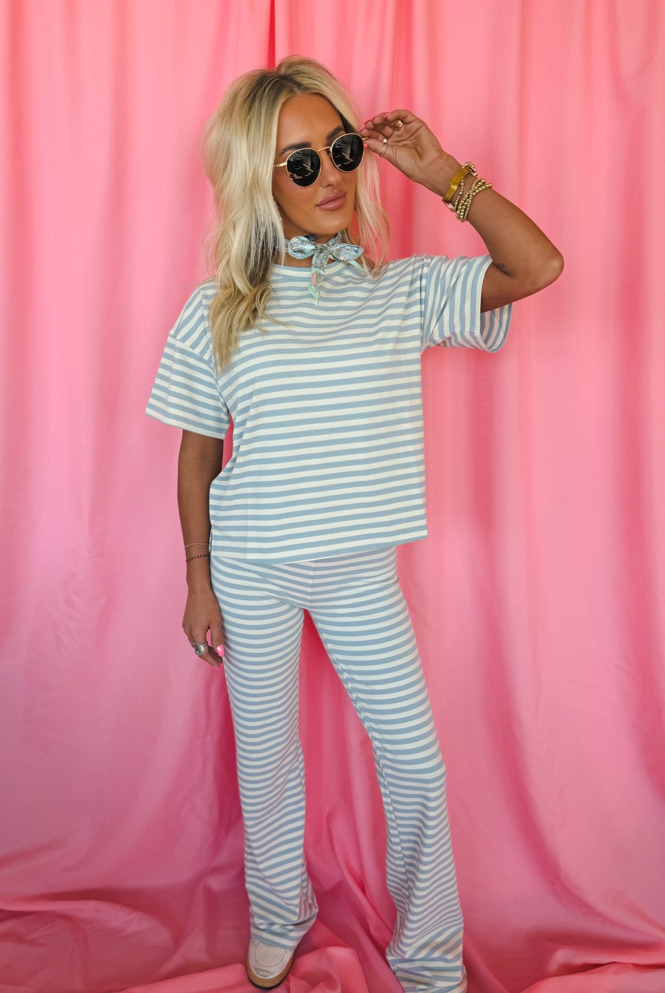 Things Between Light Blue & White Striped Tee and Flared Pant Set - Tops