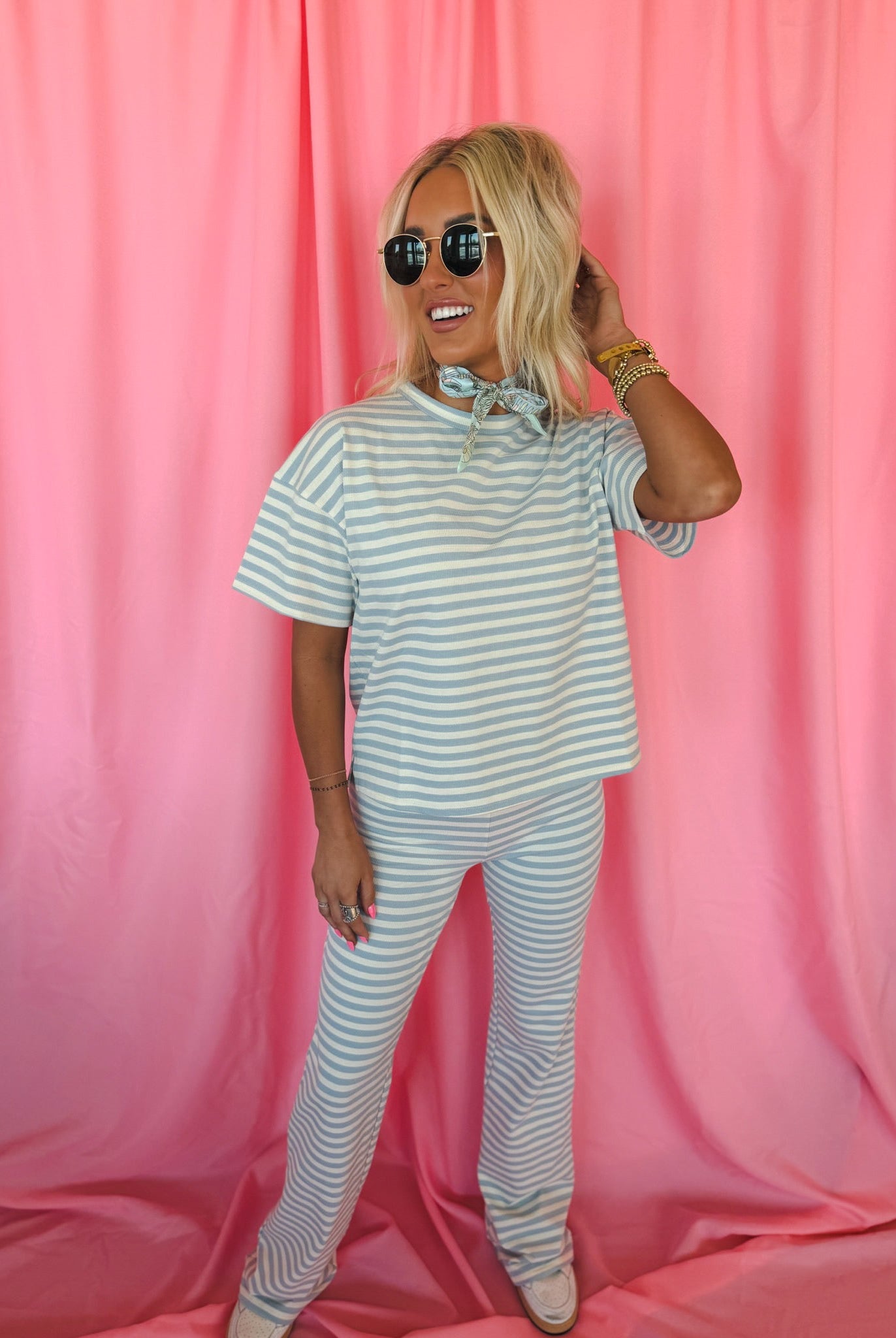Things Between Light Blue & White Striped Tee and Flared Pant Set - Tops