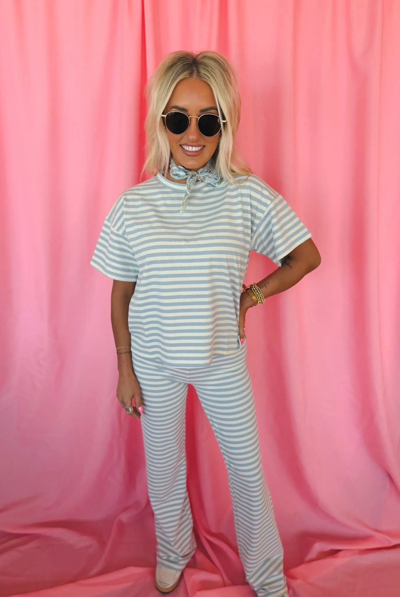 Things Between Light Blue & White Striped Tee and Flared Pant Set