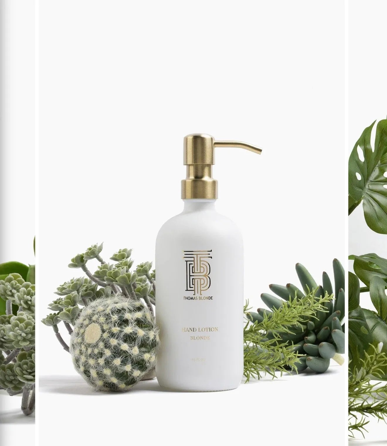 Thomas Blonde luxury white hand lotion bottle with gold pump, surrounded by succulents and greenery.