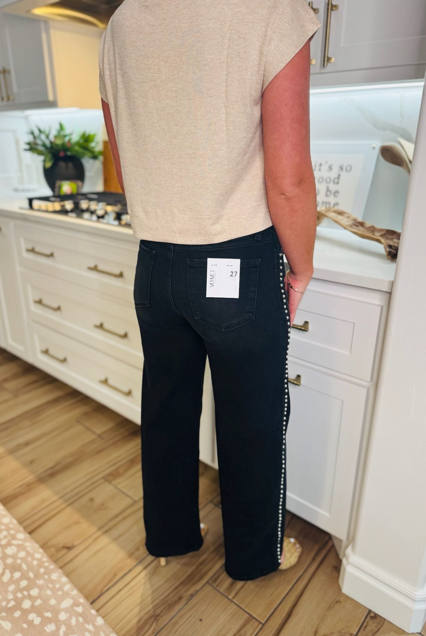 VERVET BLACK HIGH RISE SILVER DOME NAIL HEAD WIDE LEG JEANS - Bottoms