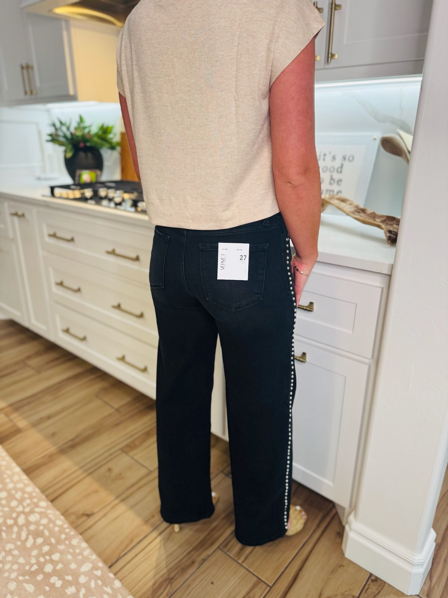 VERVET BLACK HIGH RISE SILVER DOME NAIL HEAD WIDE LEG JEANS - Bottoms