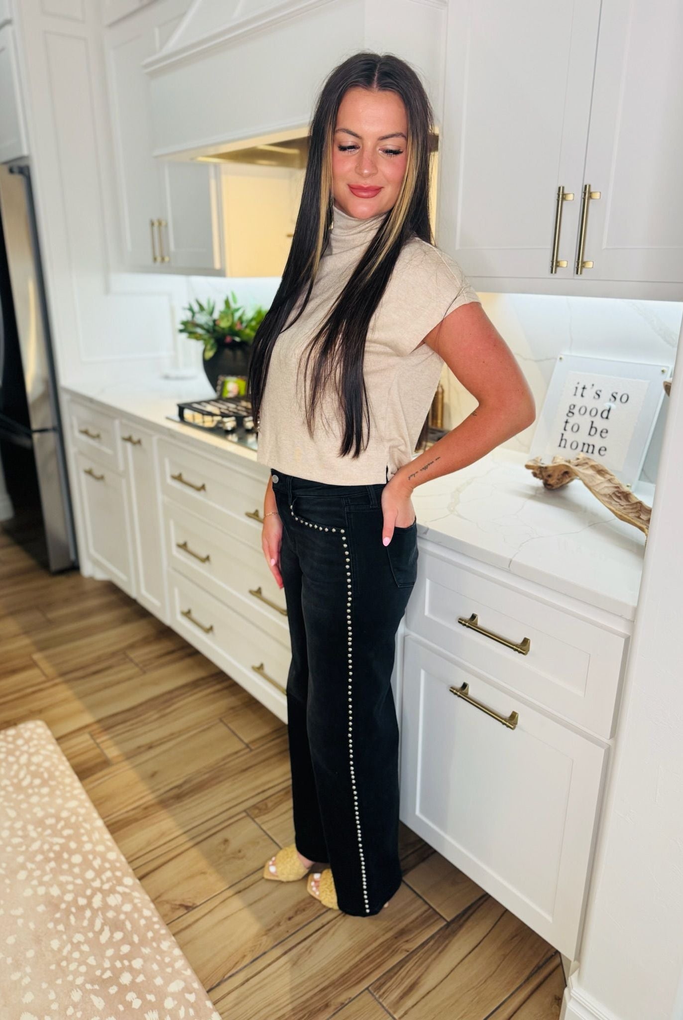 VERVET BLACK HIGH RISE SILVER DOME NAIL HEAD WIDE LEG JEANS - Bottoms