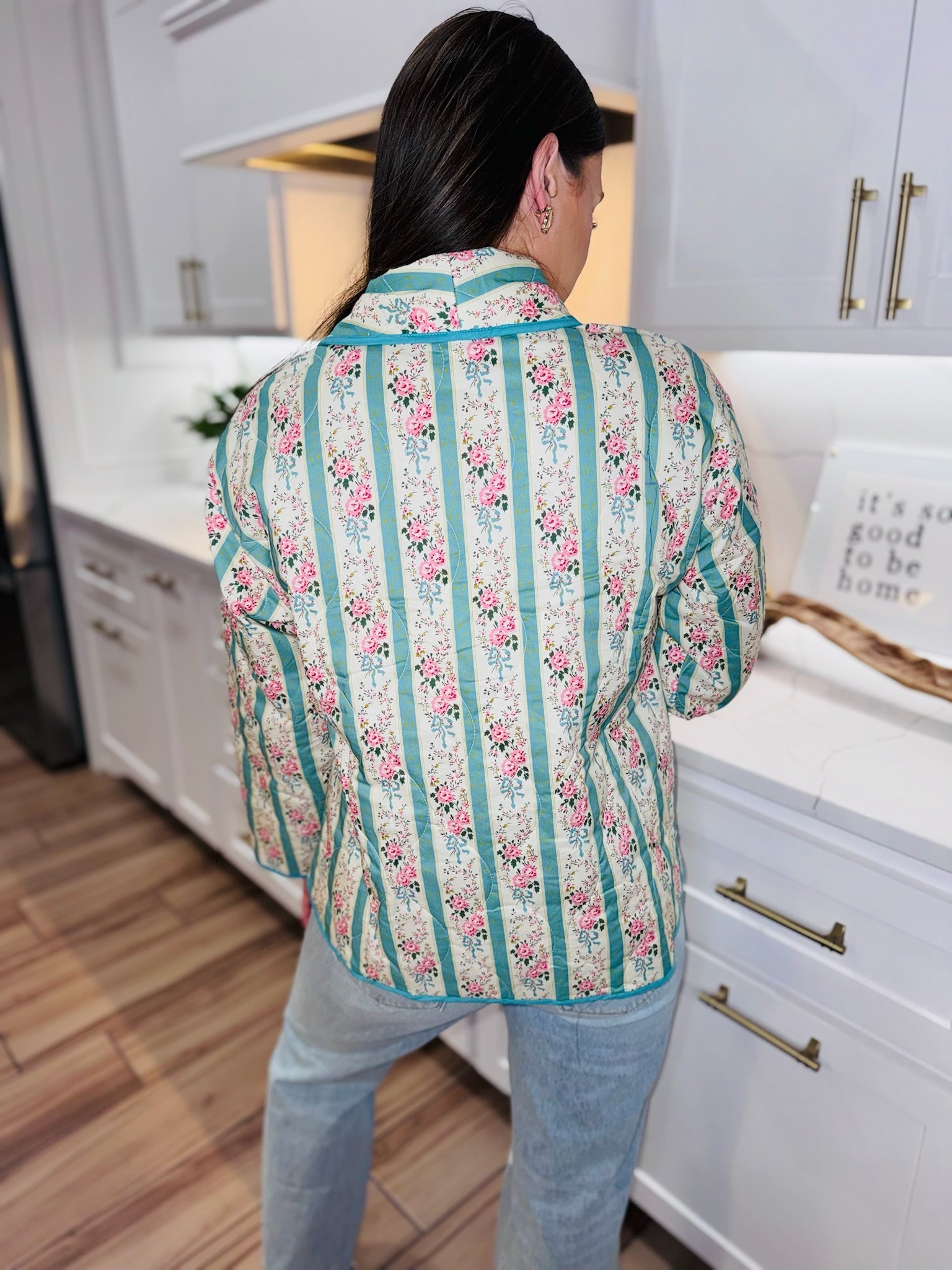 CREAM AND BLUE QUILTED FLORAL JACKET - BOUTIQUE FLORAL OUTERWEAR - Tops