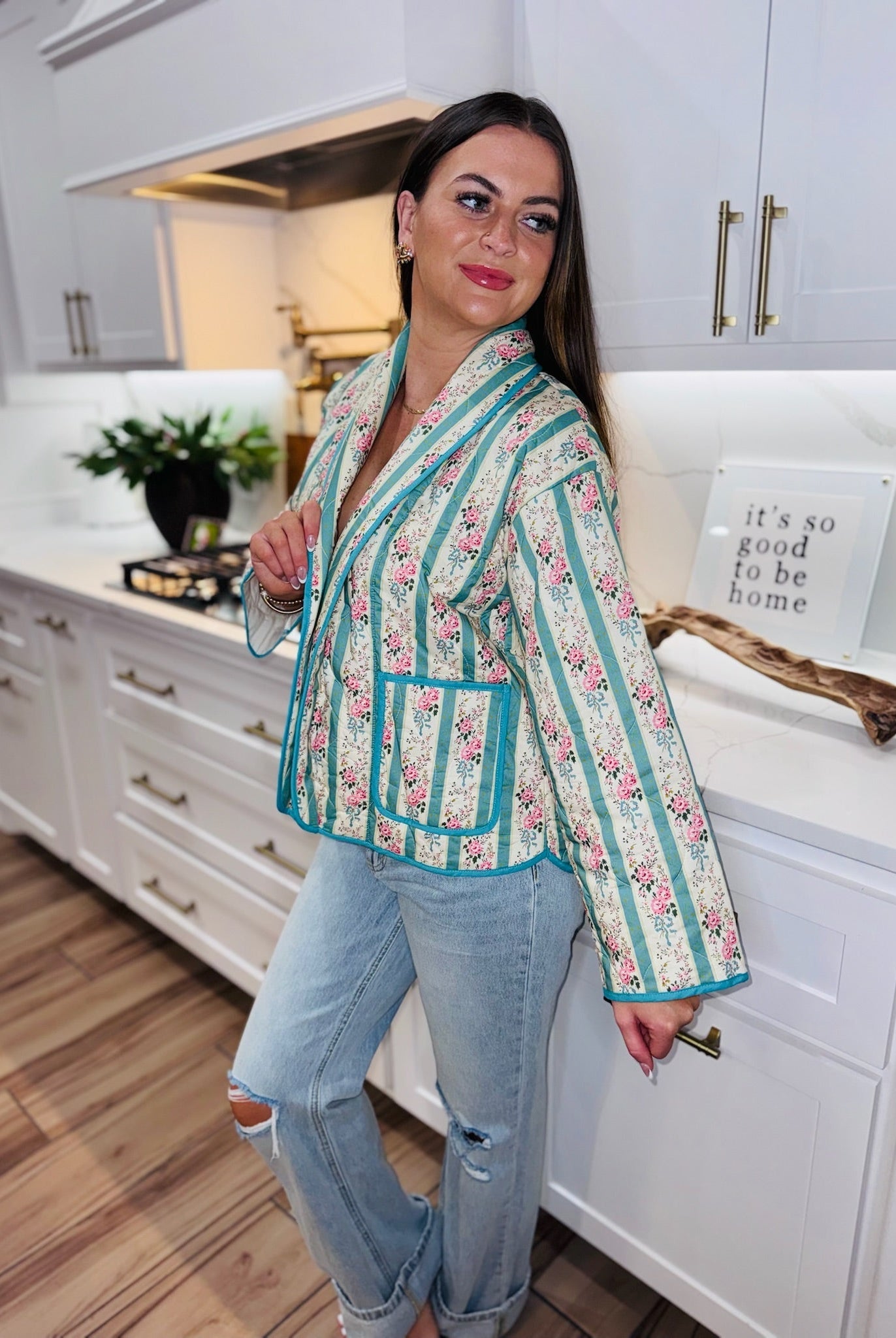 CREAM AND BLUE QUILTED FLORAL JACKET - BOUTIQUE FLORAL OUTERWEAR - Tops