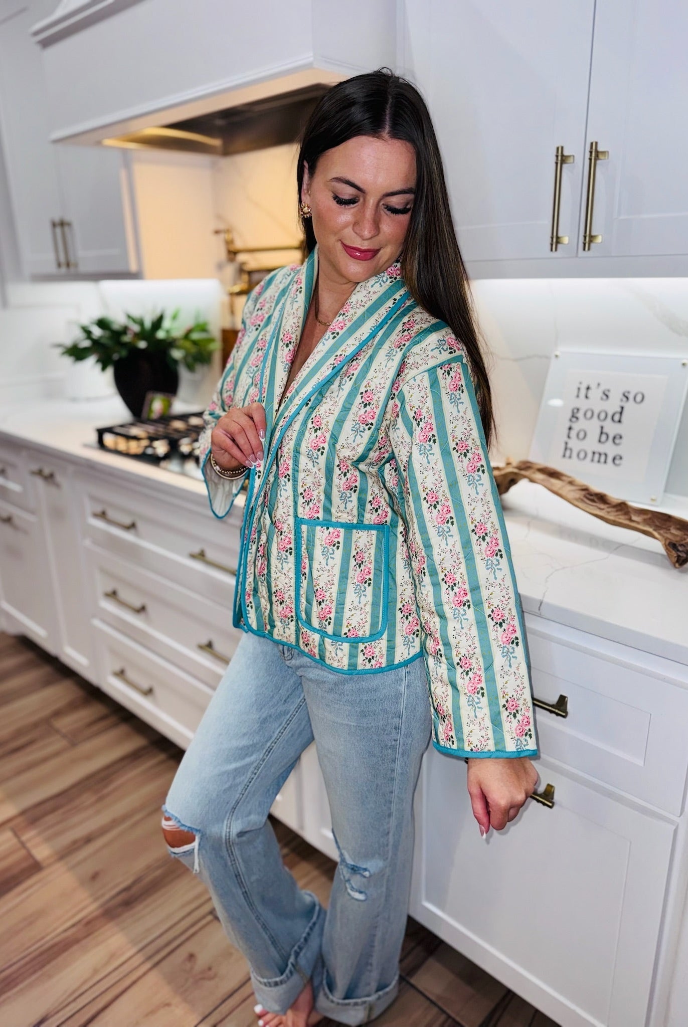 CREAM AND BLUE QUILTED FLORAL JACKET - BOUTIQUE FLORAL OUTERWEAR - Tops
