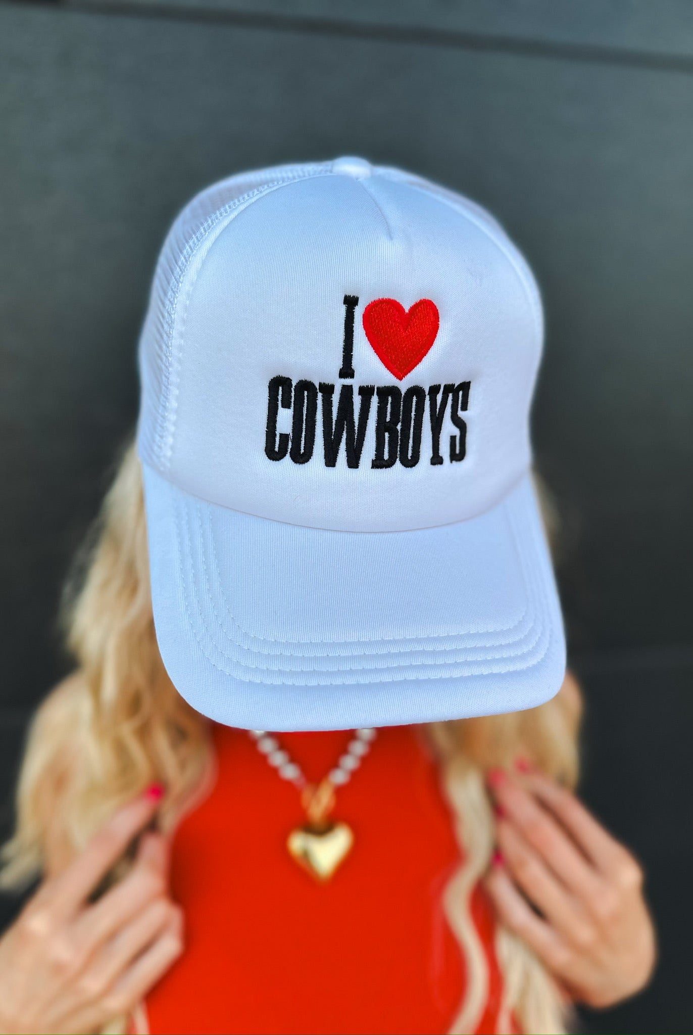 ’I HEART COWBOYS’ WHITE TRUCKER HAT - HAT