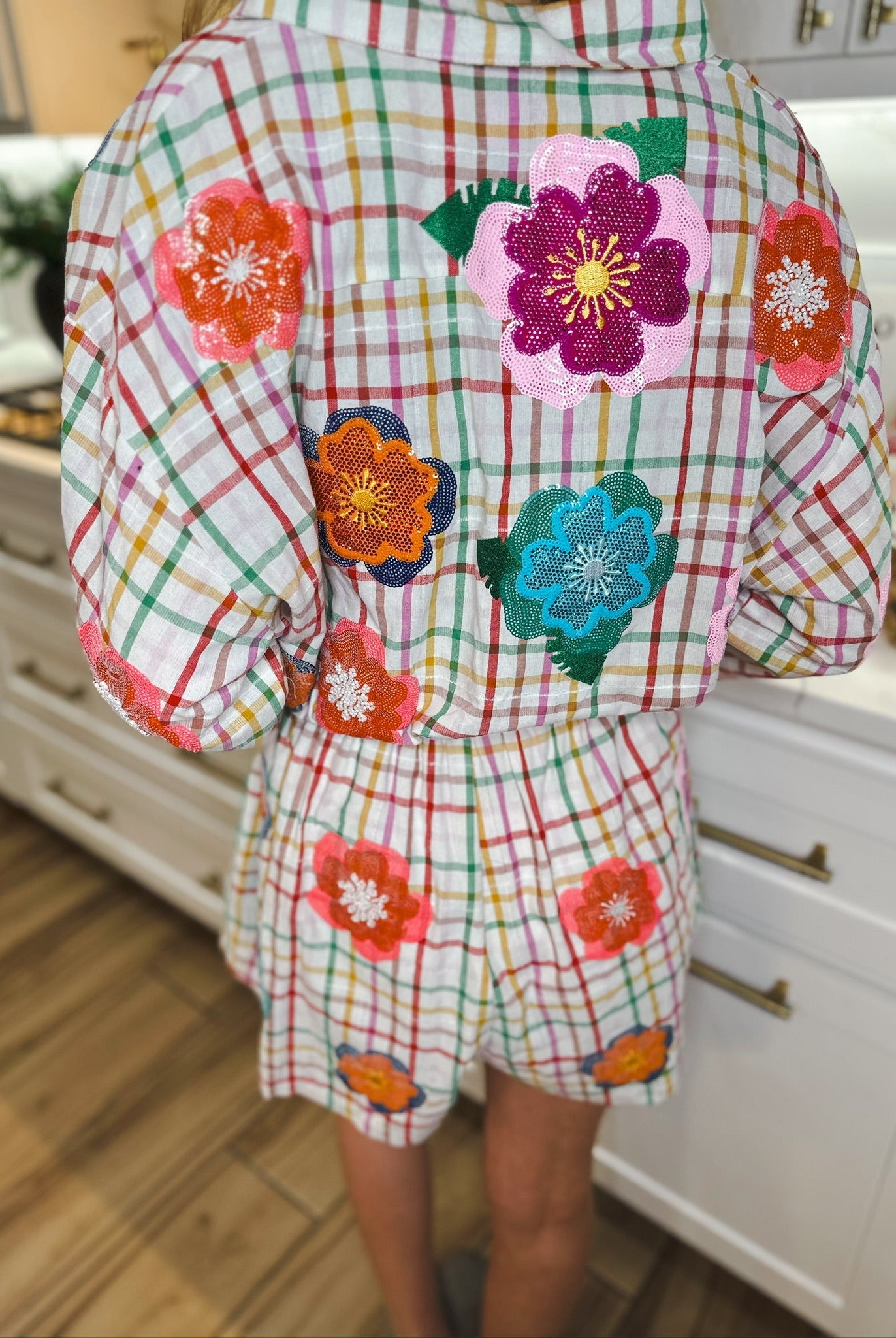 QUEEN OF SPARKLES RAINBOW PLAID MULTI FLOAT FLORAL ROMPER