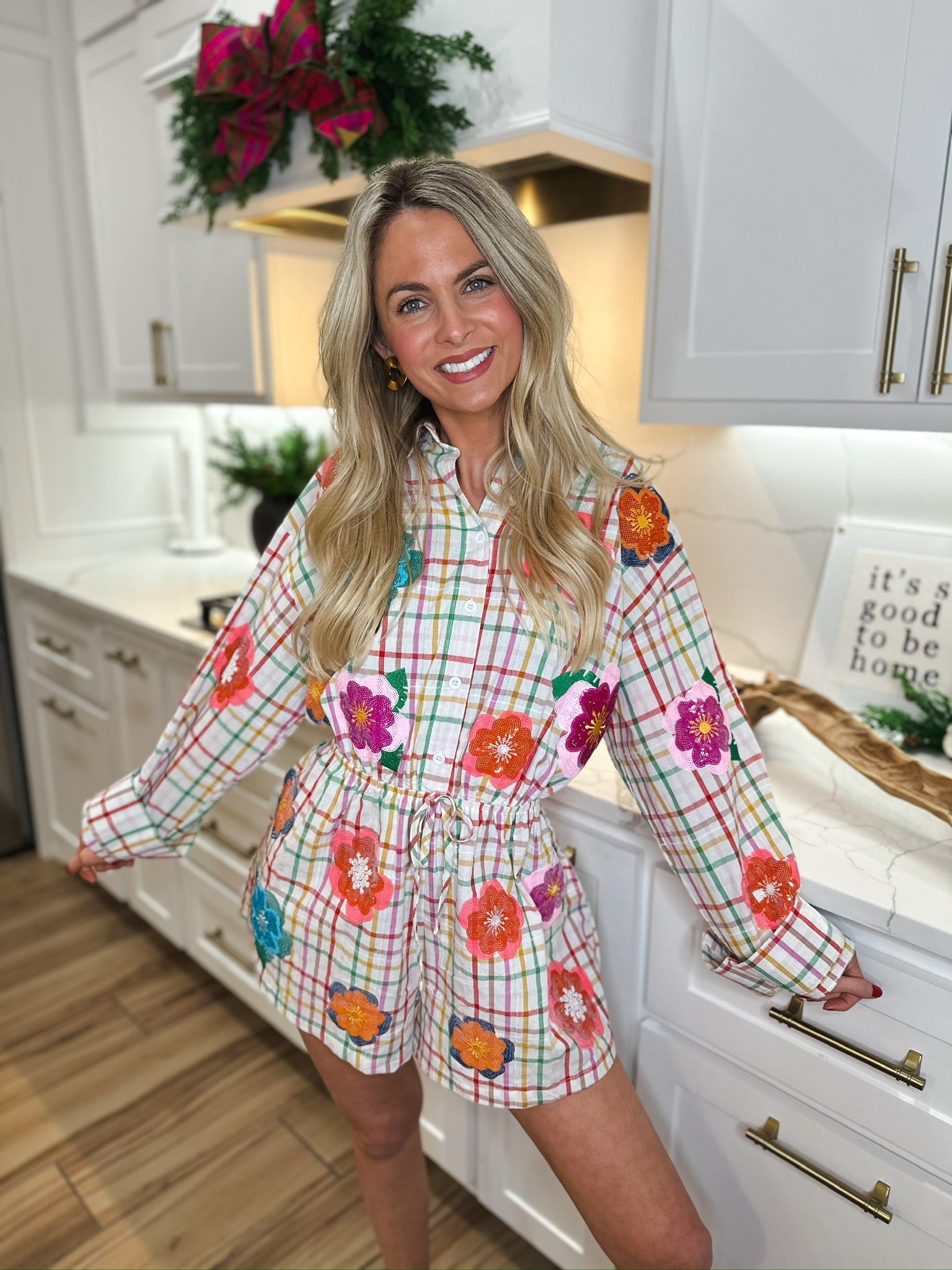 QUEEN OF SPARKLES RAINBOW PLAID MULTI FLOAT FLORAL ROMPER