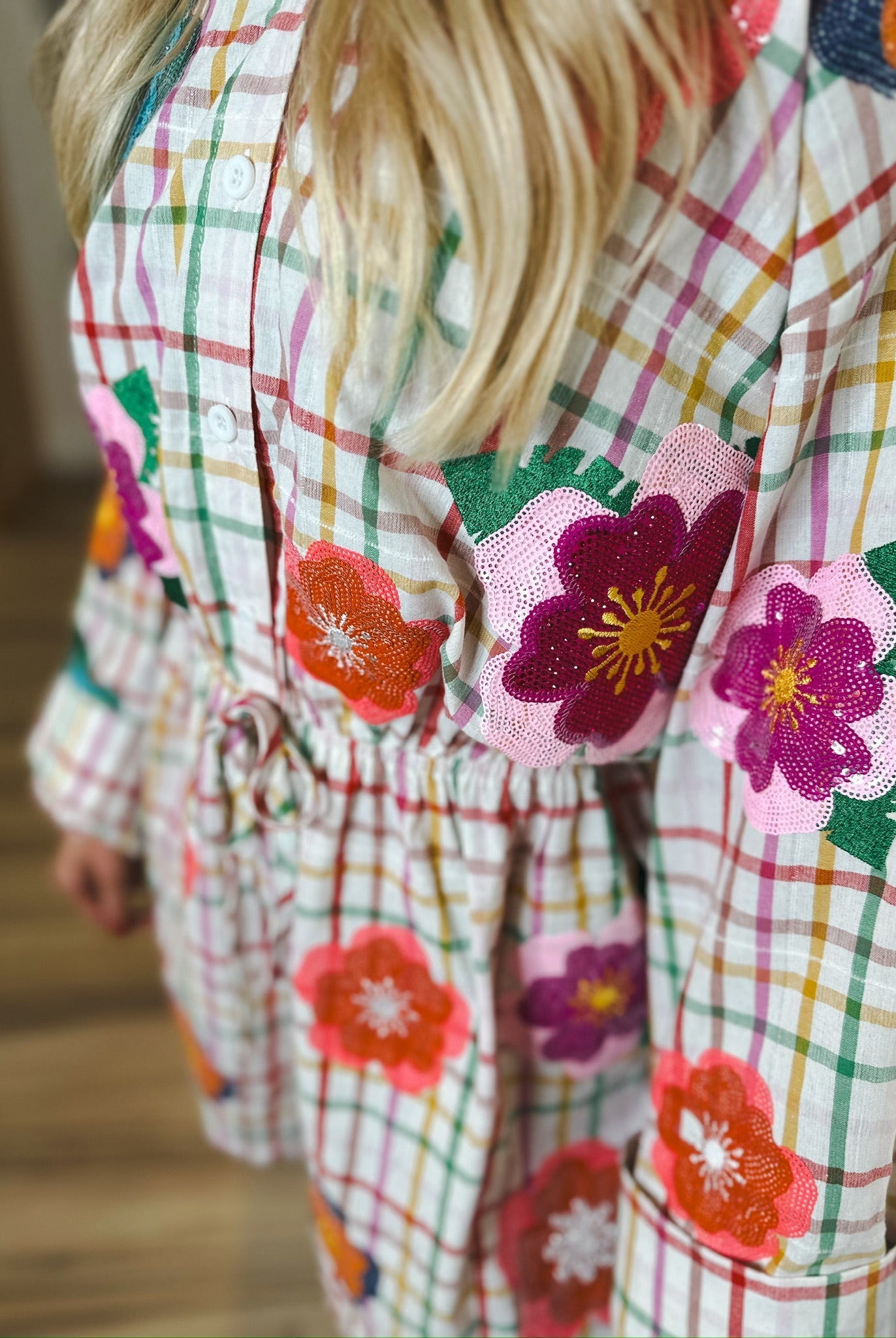 QUEEN OF SPARKLES RAINBOW PLAID MULTI FLOAT FLORAL ROMPER