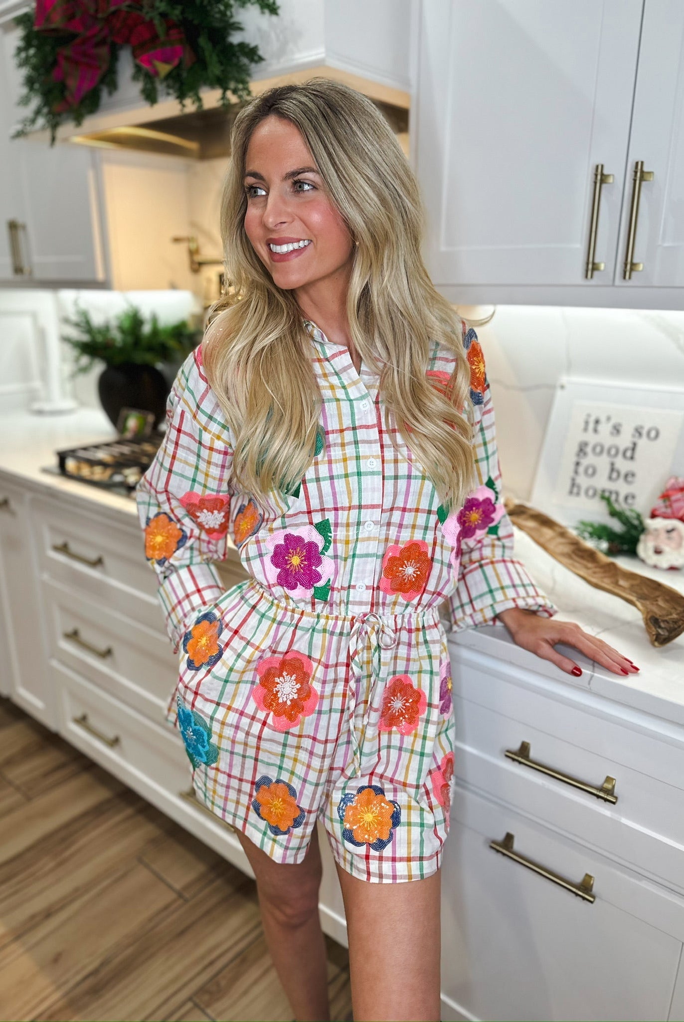 QUEEN OF SPARKLES RAINBOW PLAID MULTI FLOAT FLORAL ROMPER