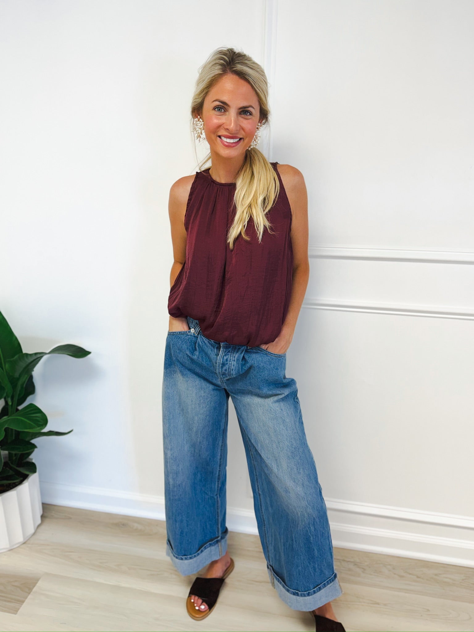 High Waisted Lavender Denim Wide Leg Jeans with Pearl Side Details from the Denim Collection, combining luxury and contemporary style for a chic statement.