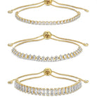 Three gold CZ tennis bracelets on white background: round, marquise, and baguette cuts.