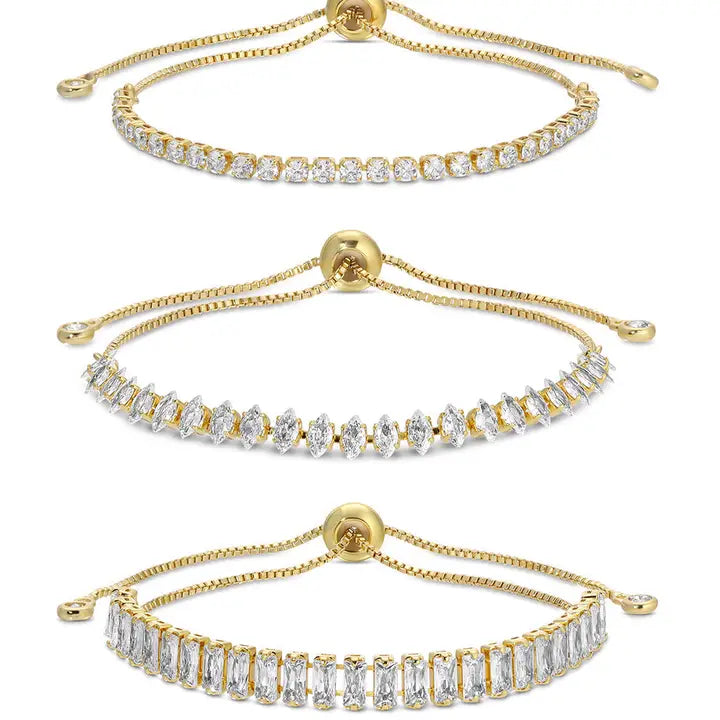 Three gold CZ tennis bracelets on white background: round, marquise, and baguette cuts.