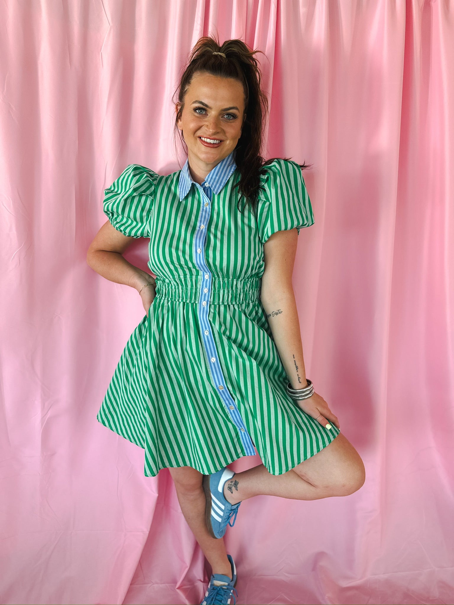 Entro green stripe dress with contrast blue collar, puff sleeves, blue button placket, and shirred waist.