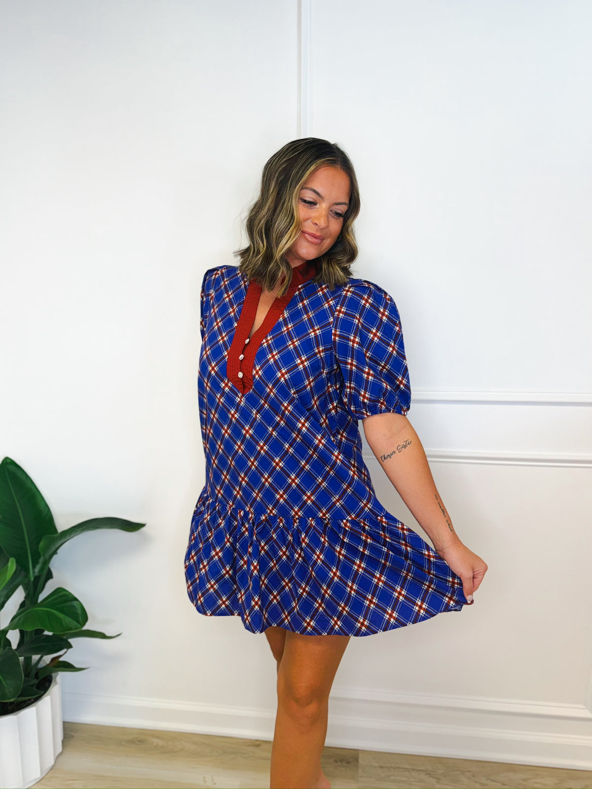 Autumn in plaid contrast mini dress, women's dress from Aurea Lux Collective boutique in Lawton, OK, image 3 of 5