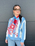 Queen of Sparkles patriotic striped sweater featuring a red and blue queen of hearts card graphic. Blue and white stripes.