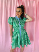 Entro green and white striped puff sleeve dress with blue pinstripe collar and placket. Elasticated waist.