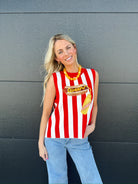 Red and white striped knit tank top with a hot dog and ketchup graphic. Sleeveless design.
