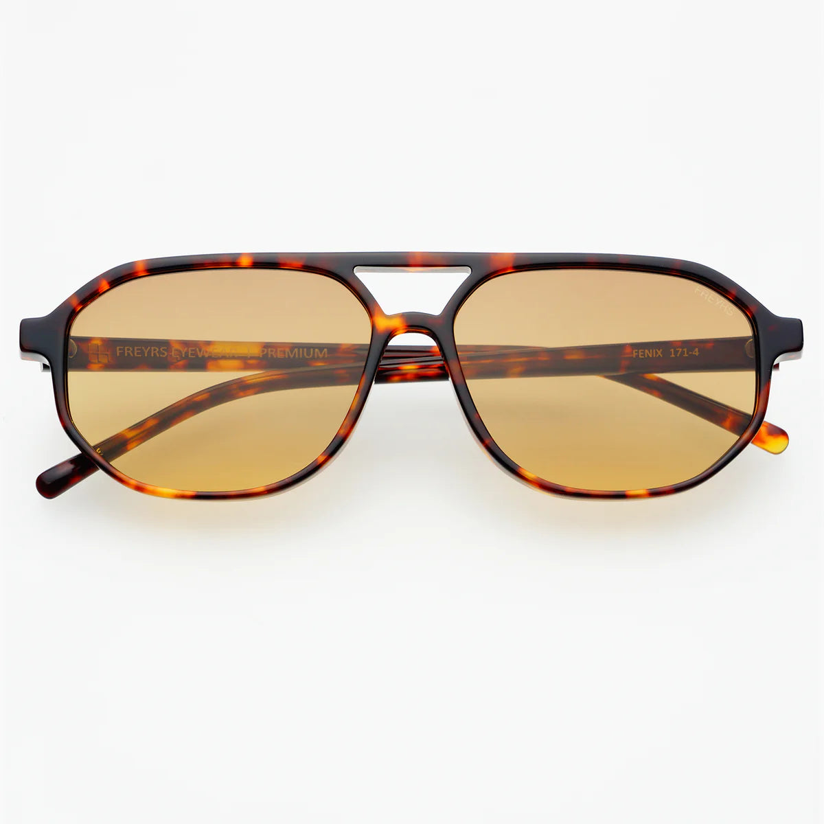 FREYRS FENIX-BROWN aviator sunglasses with tortoiseshell frames and amber tinted lenses.