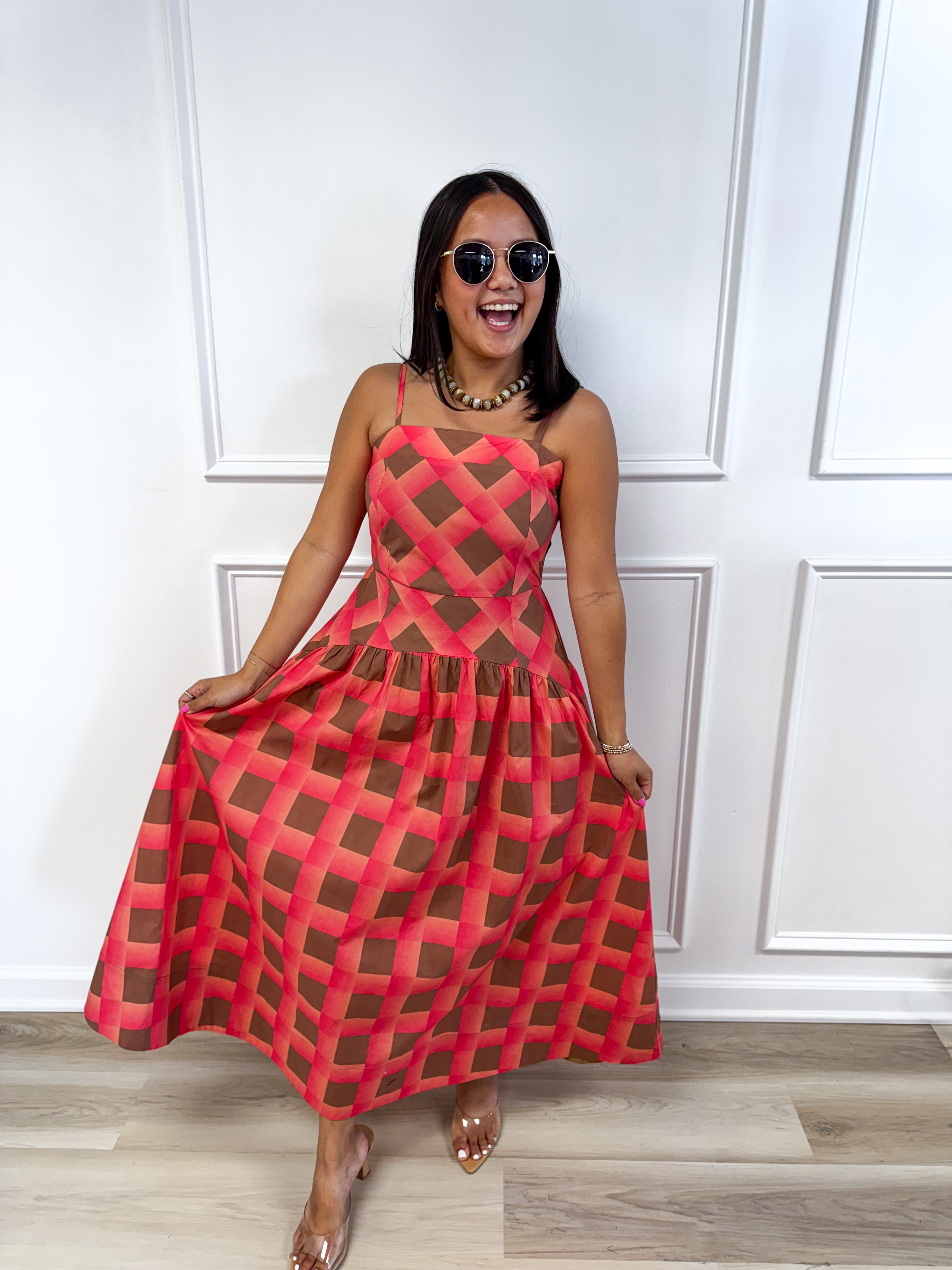 Coral check Yes dress, women's dress from Aurea Lux Collective boutique in Lawton, OK, image 2 of 4