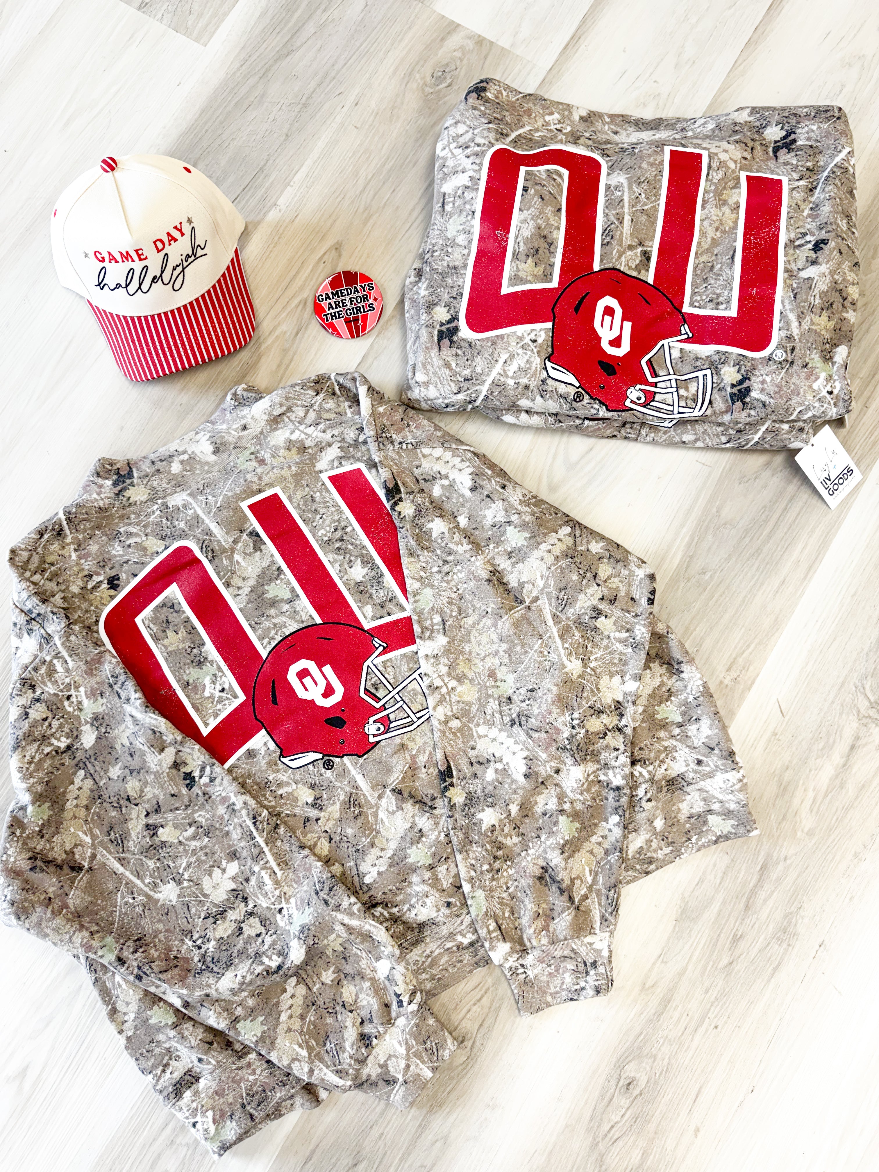 Sooner Season camo sweatshirt, women's sweatshirt from Aurea Lux Collective boutique in Lawton, OK