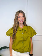 Olive puff sleeve top, women's top from Aurea Lux Collective boutique in Lawton, OK, image 3 of 5