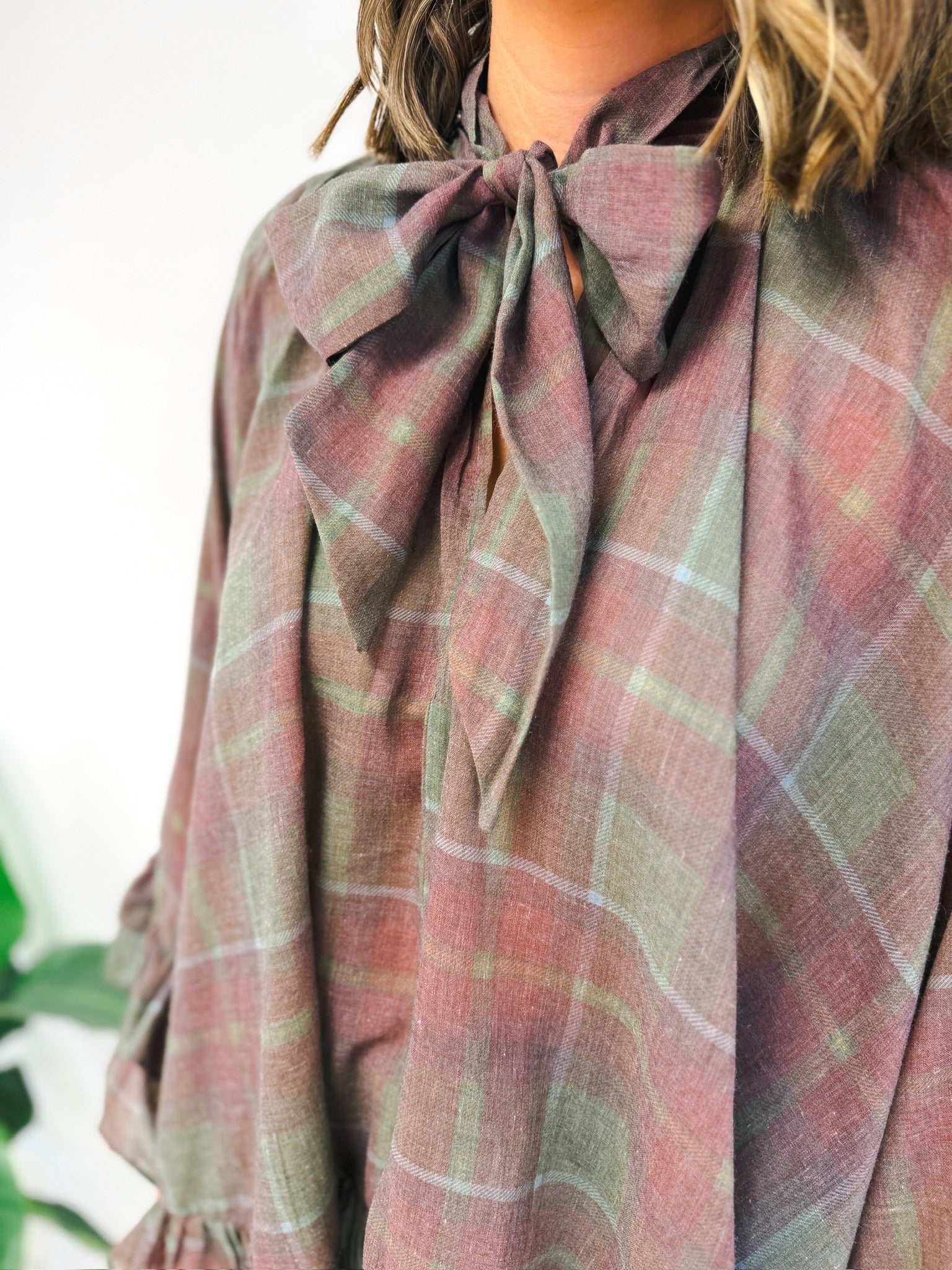 Autumn Romance Plaid Ruffle Blouse – detail view | Aurea Lux Collective