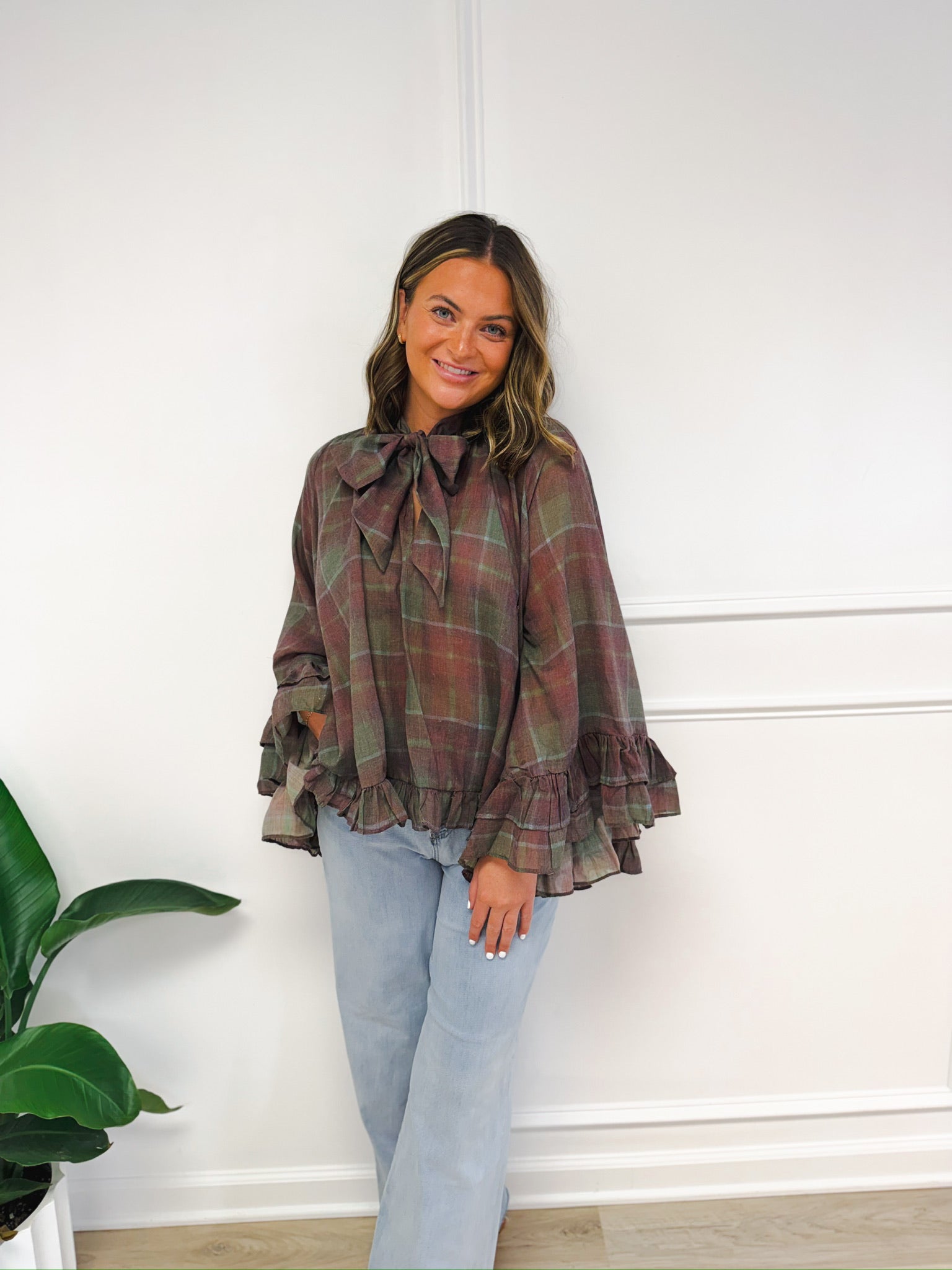 Autumn Romance Plaid Ruffle Blouse – detail view | Aurea Lux Collective
