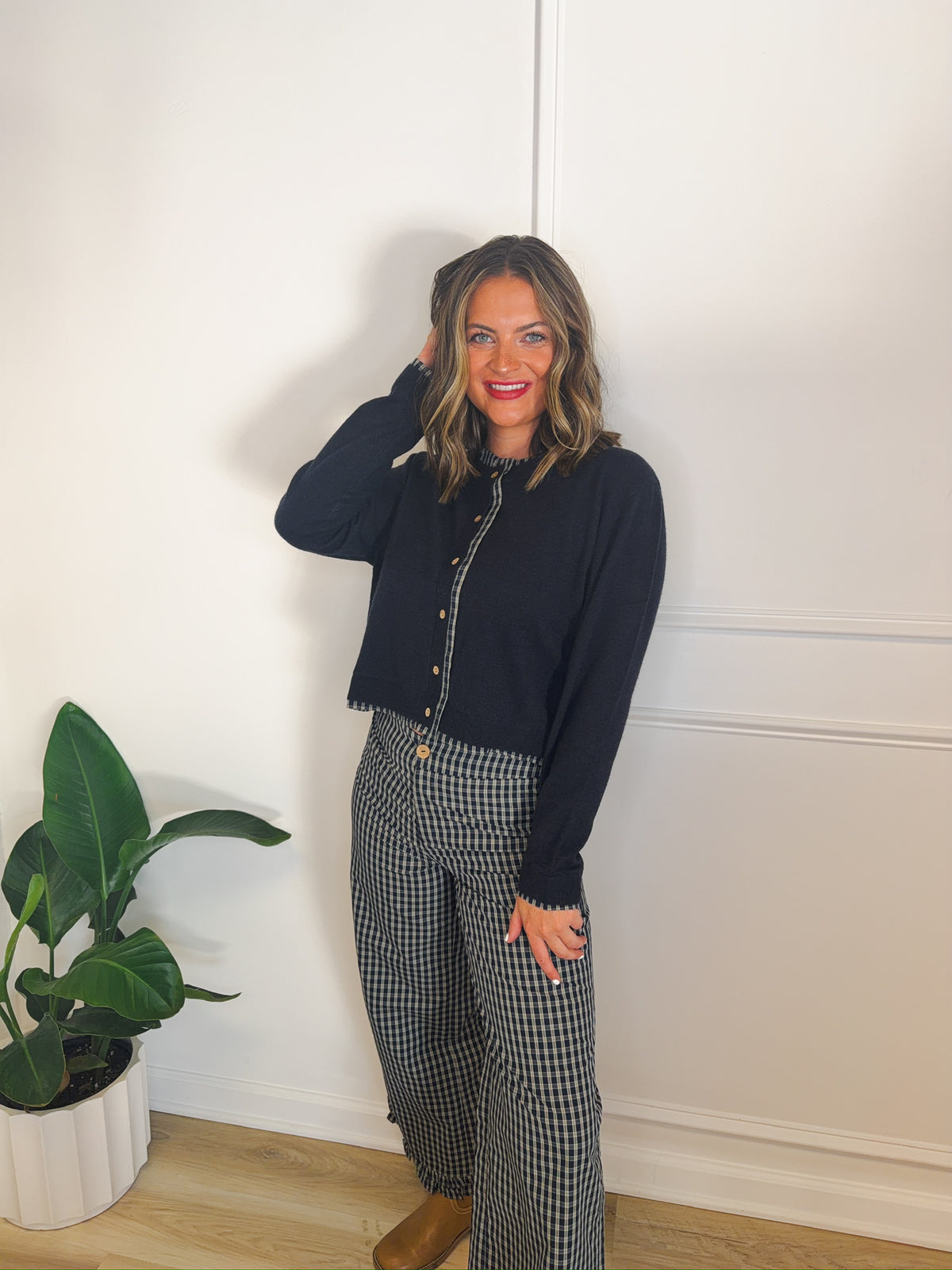 Plaid About You Cardigan Sweater – detail view | Aurea Lux Collective