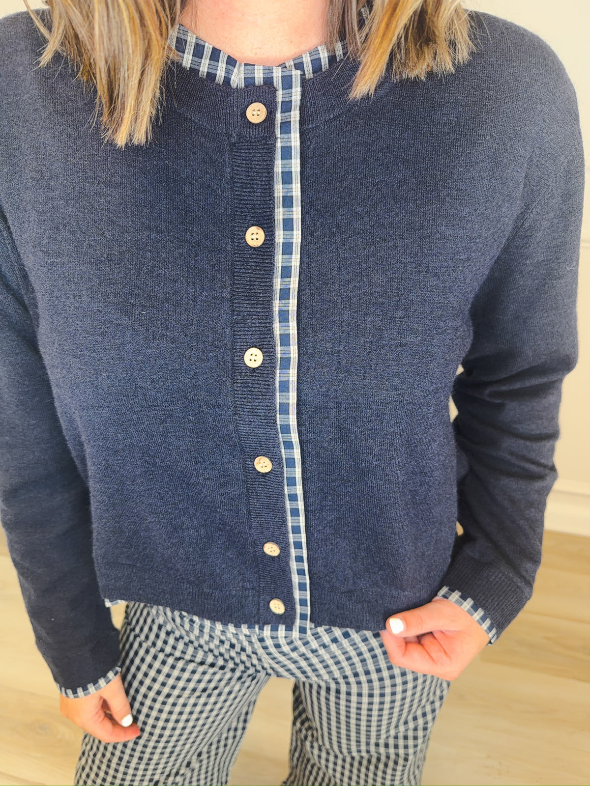 Plaid About You Cardigan Sweater – front view | Aurea Lux Collective