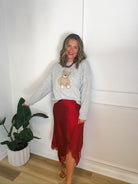 Red Romance Asymmetrical Lace Skirt – front view | Aurea Lux Collective