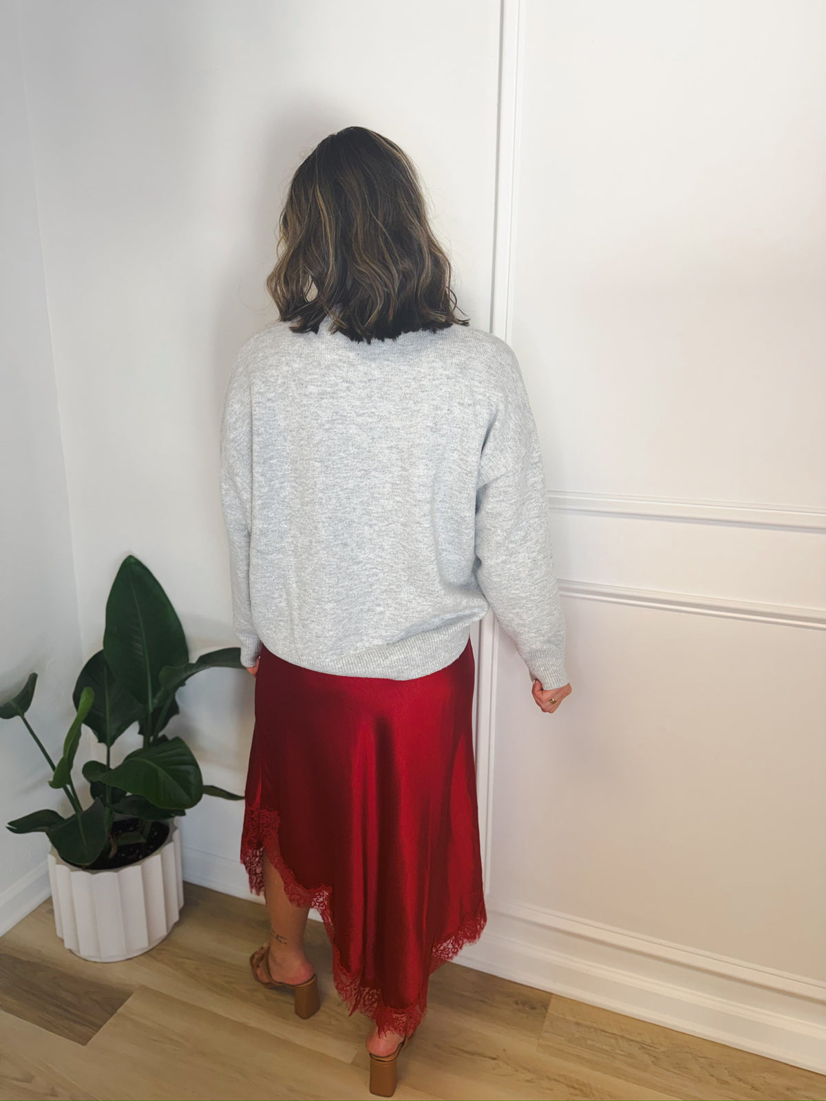 Red Romance Asymmetrical Lace Skirt – detail view | Aurea Lux Collective
