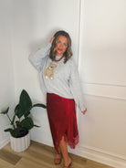 Red Romance Asymmetrical Lace Skirt – detail view | Aurea Lux Collective