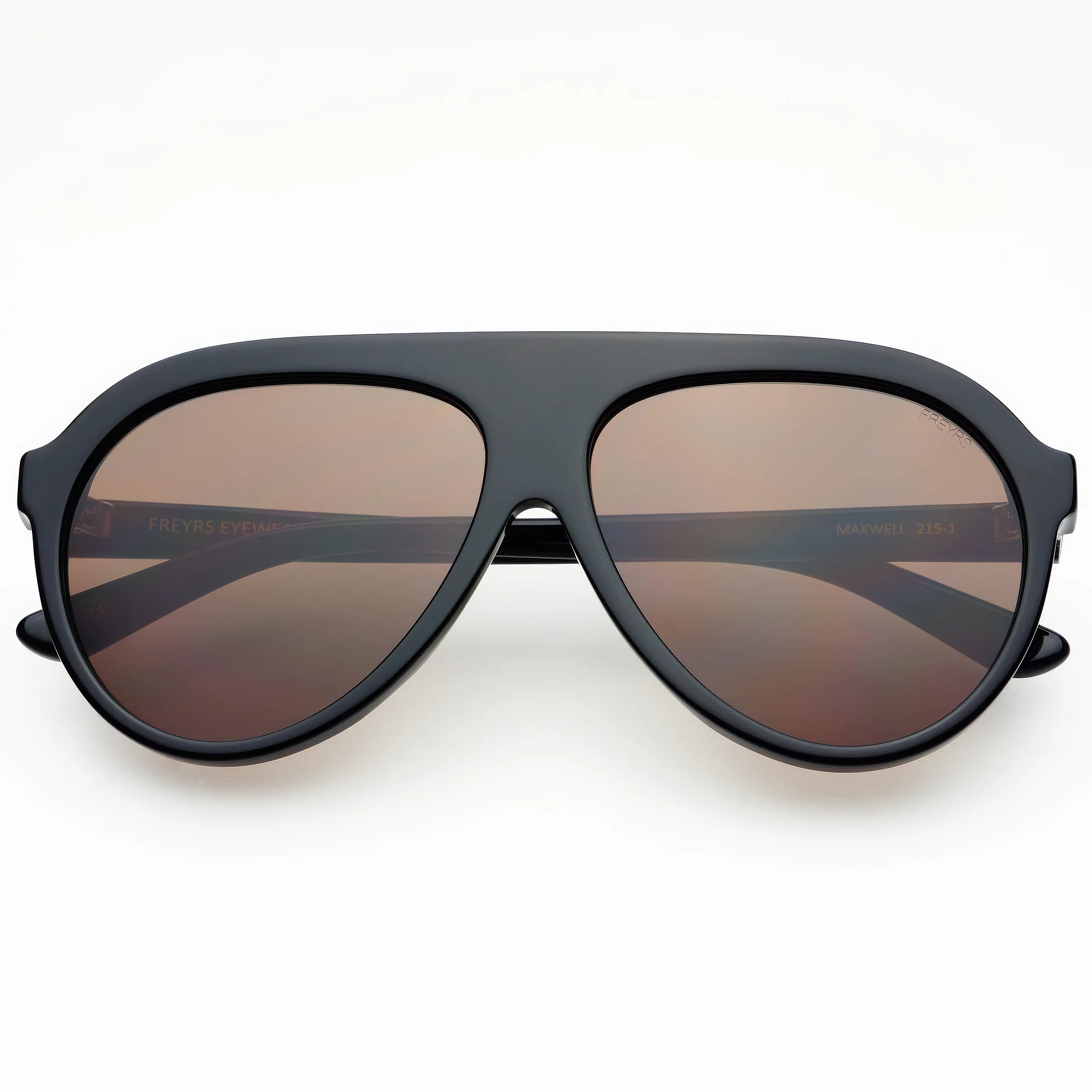FREYRS MAXWELL sunglasses with black aviator frame and brown gradient lenses. Model number 215-1 visible on arm.