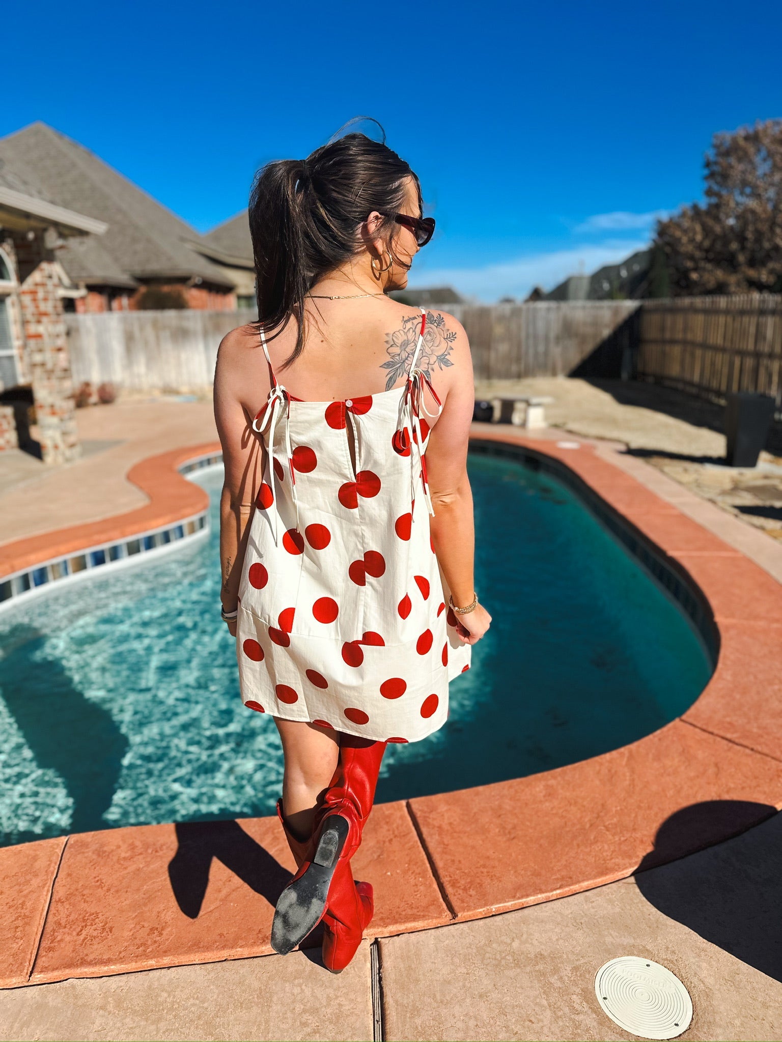 Big Polka Dot Back Strap Bow Mini Dress- Red and Cream - Dress