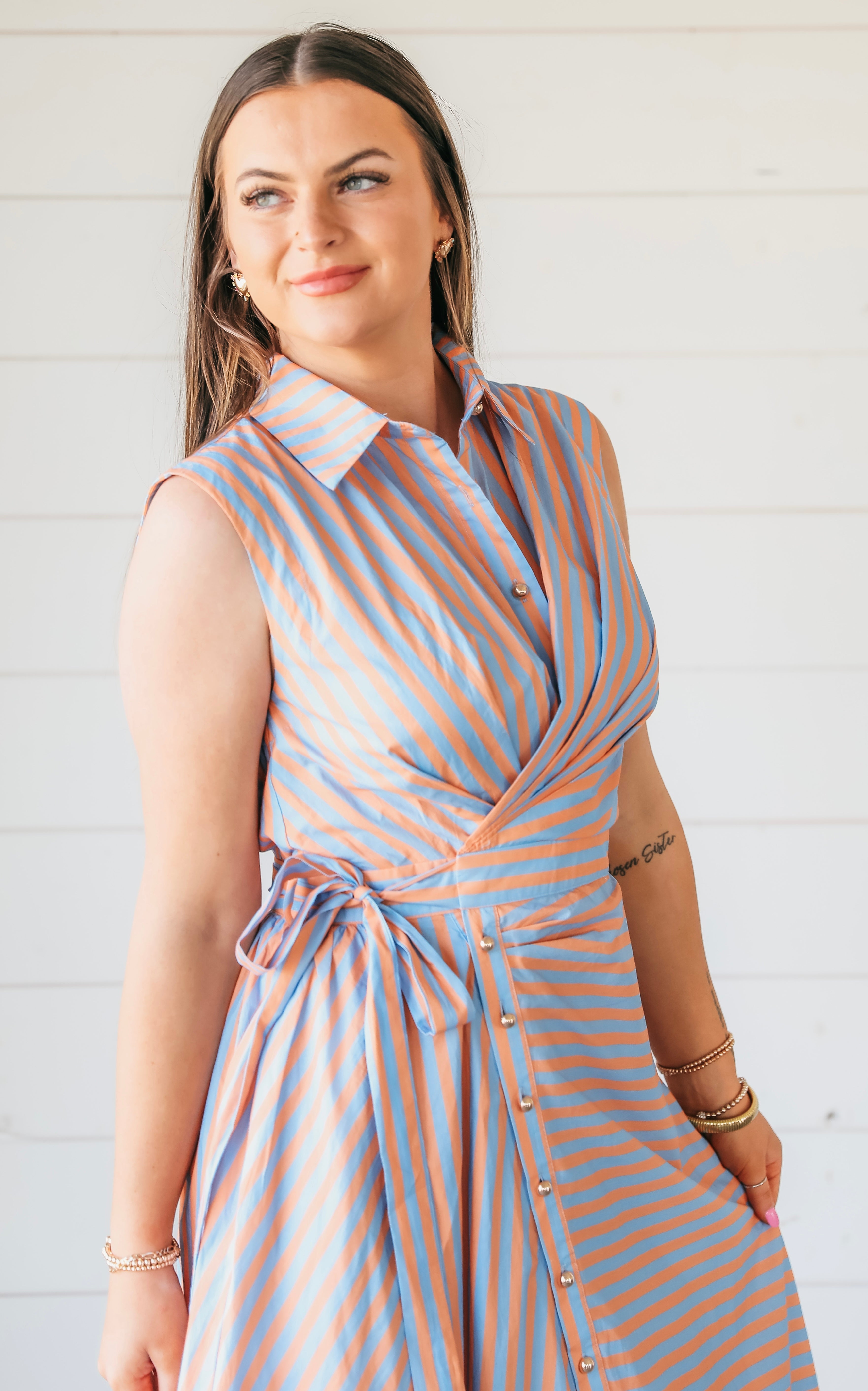 Blue and Orange Stripe Button Down Dress