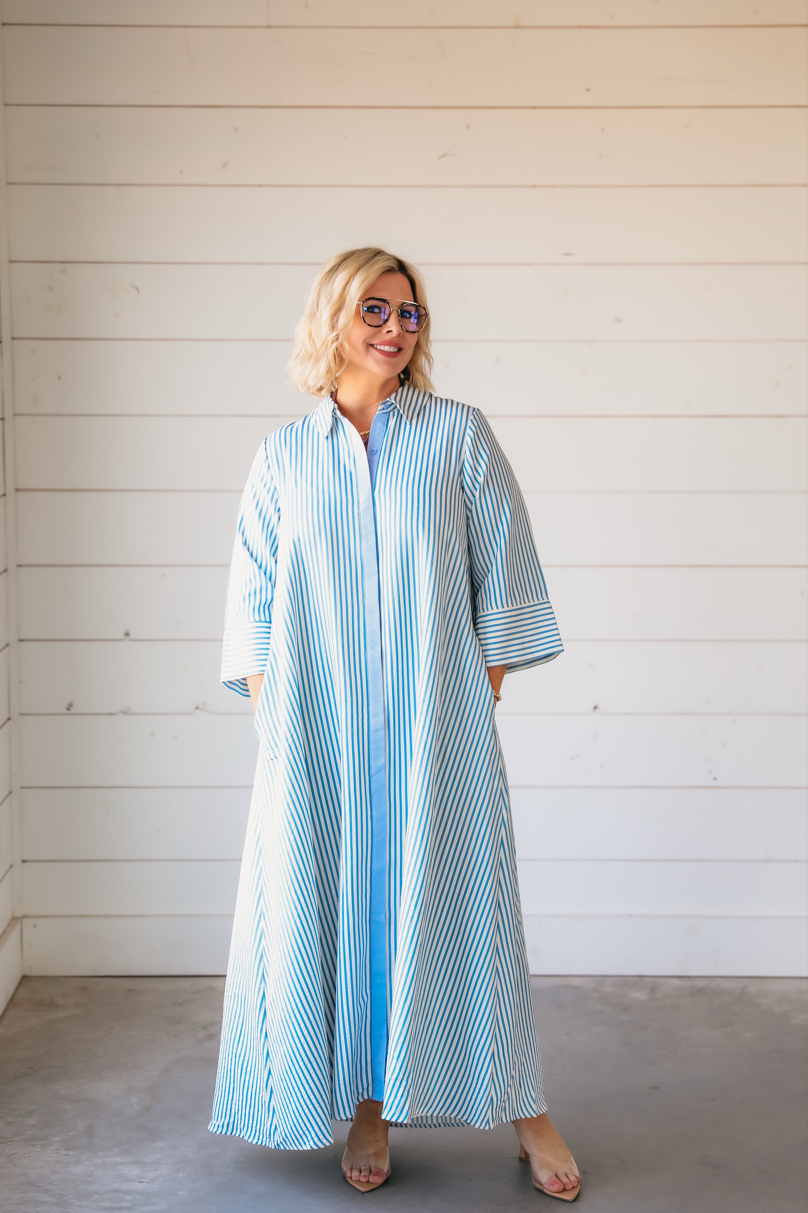 Blue and White Striped Maxi Dress - Dress