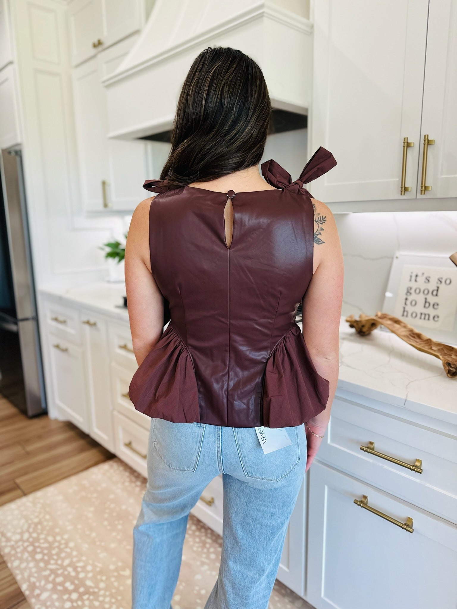 DEEP BROWN FAUX LEATHER BUTTON DOWN TOP - Tops