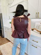 DEEP BROWN FAUX LEATHER BUTTON DOWN TOP - Tops