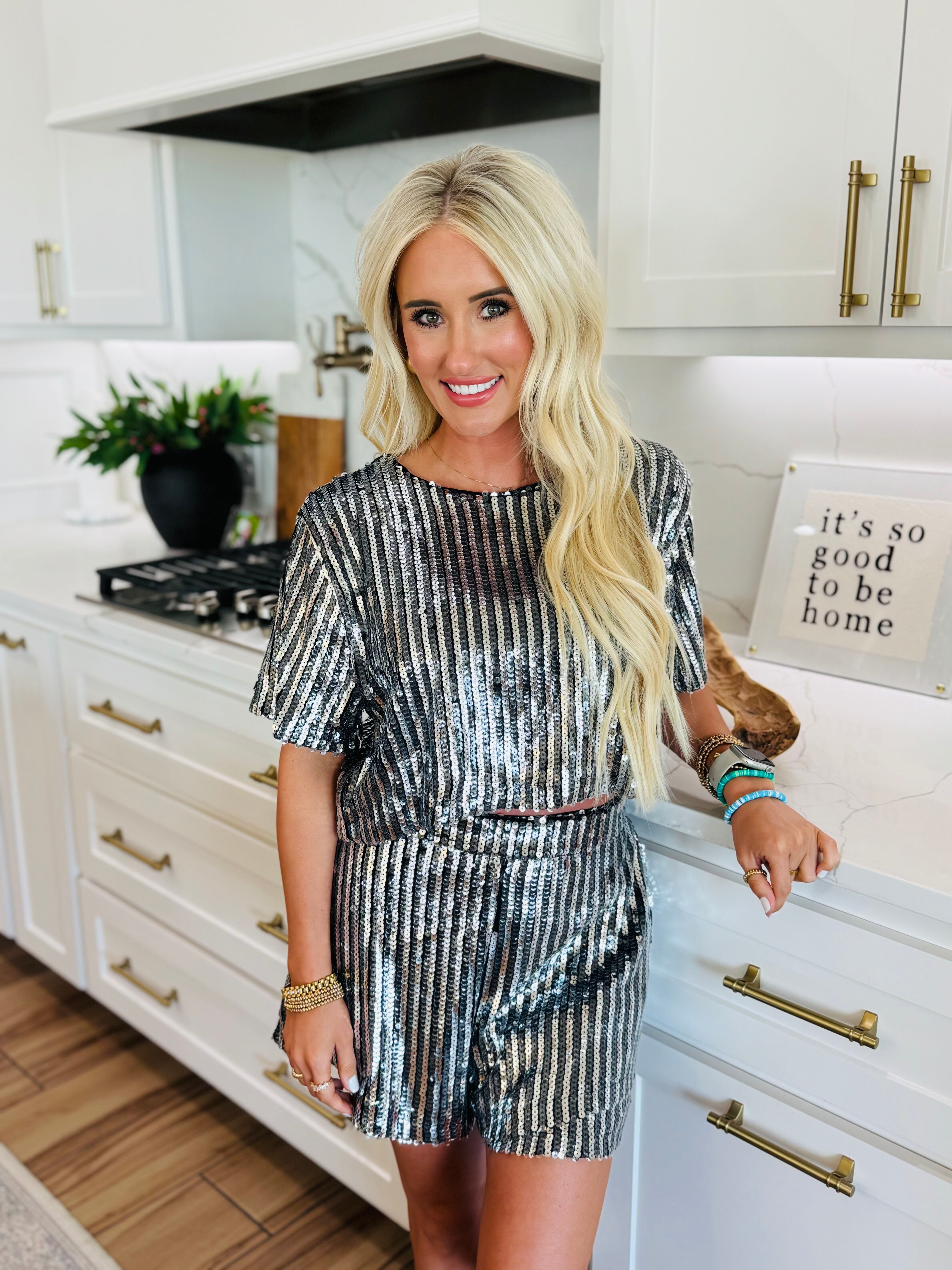 LAURA BLACK SEQUIN TOP AND SHORT SET