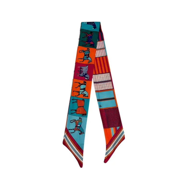 TWILLY SCARF- WEAR AS A BRACELET HEADBAND NECK OR BAG TIE - BLUE/ORANGE HORSE