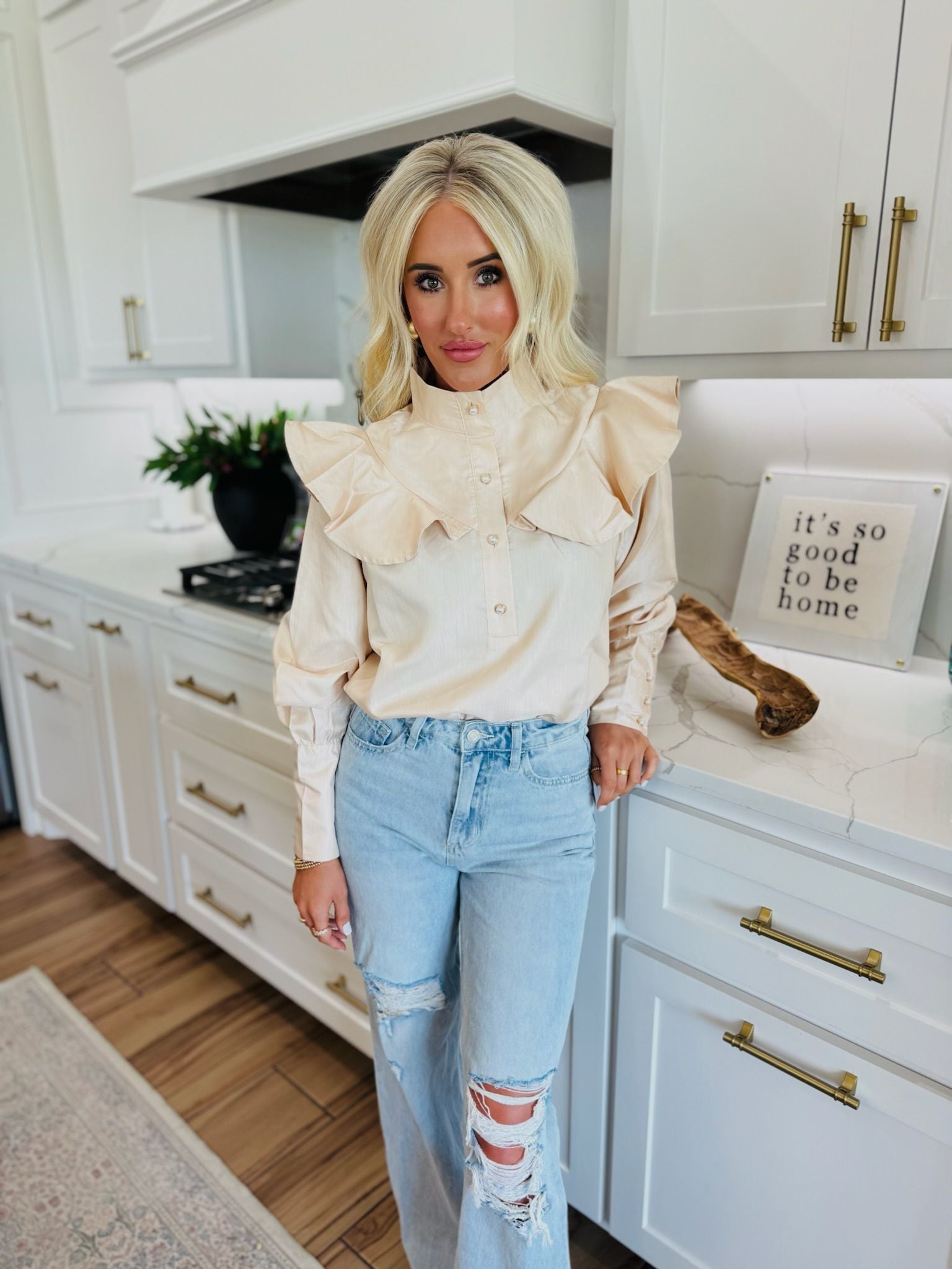 BUTTON CHAMPAGNE RUFFLE DETAIL STAND COLLAR BLOUSE - Small - Tops