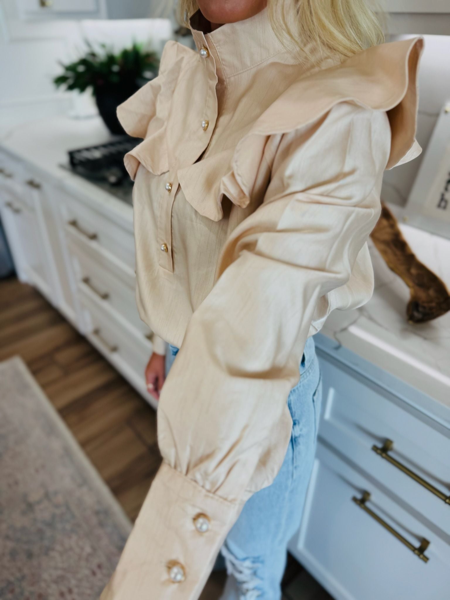 BUTTON CHAMPAGNE RUFFLE DETAIL STAND COLLAR BLOUSE - Tops