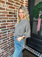 &MERCI CHARCOAL BROWN SHORT SLEEVE SWEATER - Tops