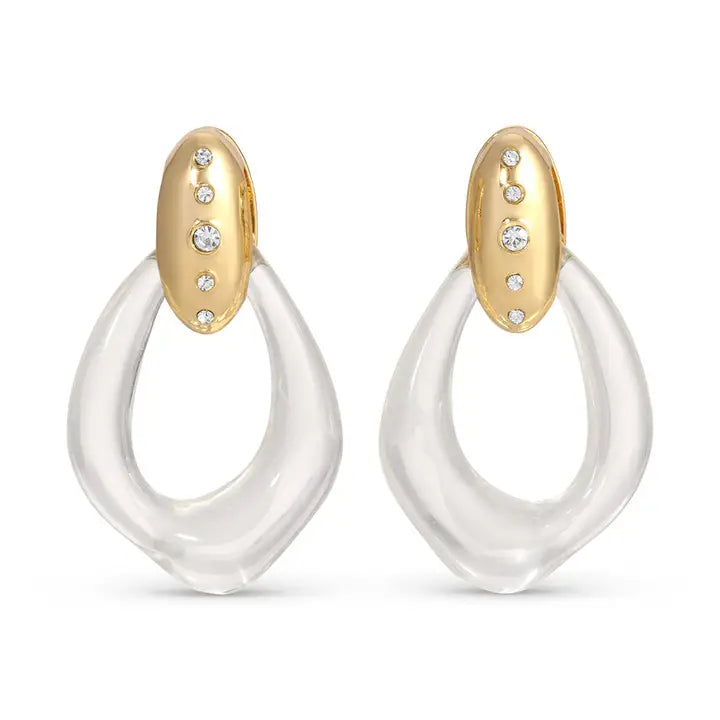 Clear acrylic drop earrings with gold-tone oval tops encrusted with small rhinestones.
